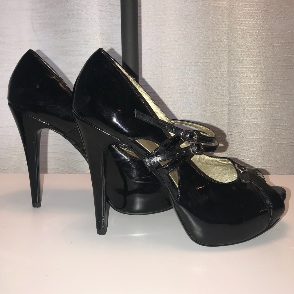 Black Patent Leather Mary Jane Peep Toe Heel